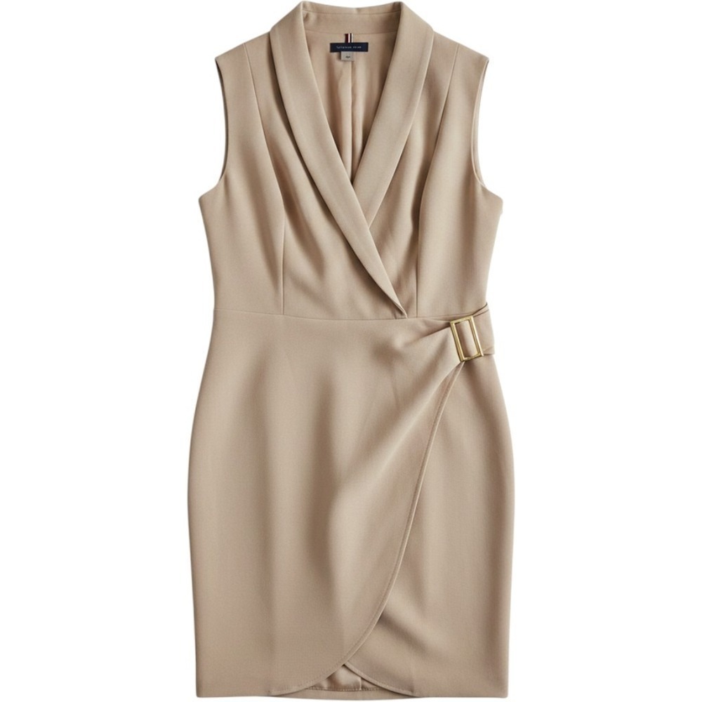Tommy Hilfiger Tan Sleeveless Shawl Collar Faux Wrap Dress Gold Buckle A32C1U1B
